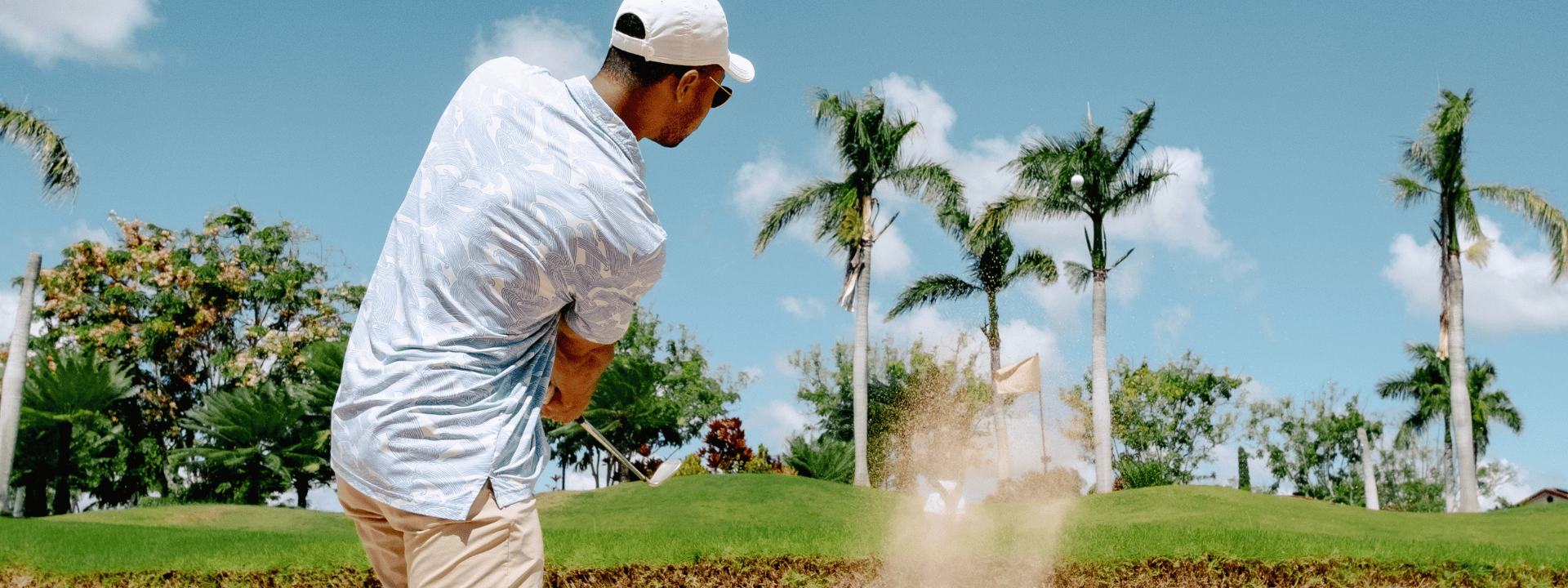 A golfer swings a club in a lush green landscape with palm trees and a blue sky in the background.